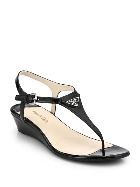 prada black patent sandals|Prada thong wedge sandals.